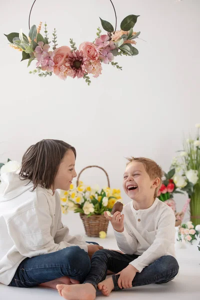 かわいいスタイリッシュな幼児の子供と兄 白いシャツを着た男の子 イースターの装飾で卵とチョコレートバニーで遊んで スタジオショット — ストック写真