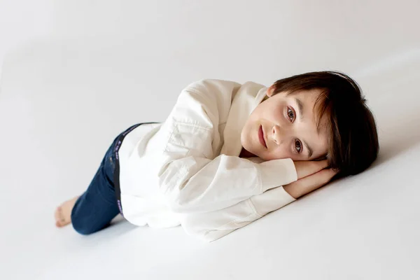 Cute Stylish Toddler Child Older Brothers Boys White Shirts White — Stock Photo, Image