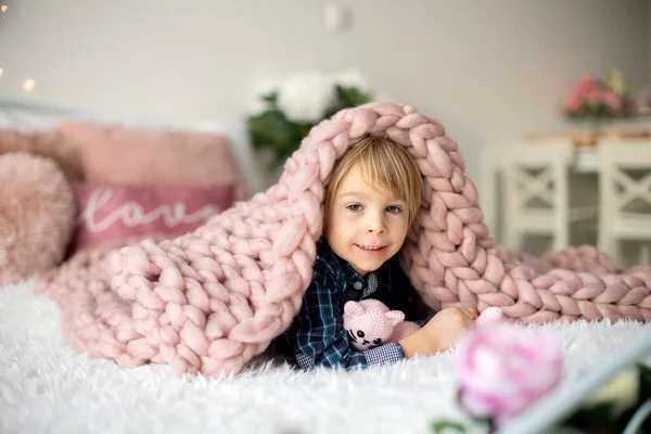 Cute Toddler Blond Child Shirt Sitting Bed Valentine Decoration Isolated — Stockfoto
