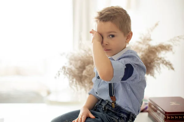 Sad Little Child Blond Boy Hurt Sitting Home Crying — Stock Photo, Image