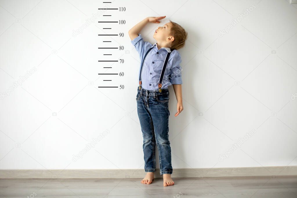 Little child, blond boy, measuring height against wall in room