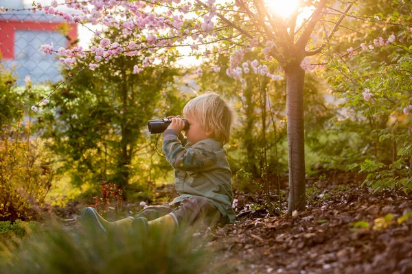 Blondes Kleines Kleinkind Mit Fernglas Garten Sitzend Bei Sonnenuntergang Spielend — Stockfoto