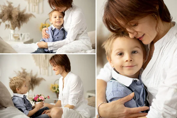 Mãe Criança Menino Pré Escolar Moda Loira Tendo Momento Feliz — Fotografia de Stock