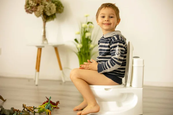 Cute Toddler Child Boy Using Potty Home While Playing Toys — Stock Photo, Image