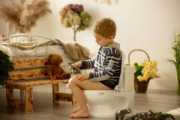 Cute Toddler Child Boy Using Potty Home While Playing Toys — ストック写真