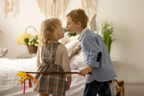 Happy Children Siblings Enjoying Easter Holiday Together Tradition Handmade Twig — Stockfoto