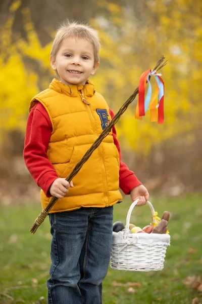 Cute Preschool Child Boy Holding Handmade Braided Whip Made Pussy — Stock Photo, Image