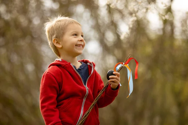 Cute Preschool Child Boy Holding Handmade Braided Whip Made Pussy — Φωτογραφία Αρχείου