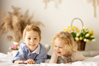 Happy children, siblings, enjoying Easter holiday together, tradition with handmade twig, braided whip made from pussy willow, traditional symbol of Czech Easter