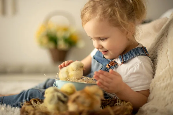 Söta Barn Hemma Med Små Nyfödda Kycklingar Njuter Söt Unge — Stockfoto