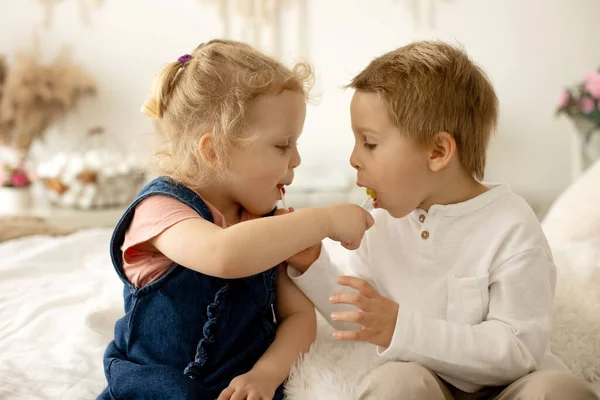 Χαριτωμένα Μικρά Παιδιά Αγόρι Και Κορίτσι Τρώνε Γλειφιτζούρι Ποπ Στο — Φωτογραφία Αρχείου