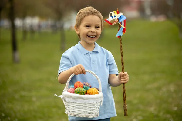 Cute Preschool Child Whipping His Sister Easter Twig Braided Whip — Fotografia de Stock
