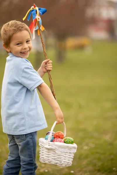 Cute Preschool Child Whipping His Sister Easter Twig Braided Whip — Stok fotoğraf