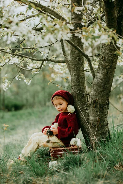 Örgü Bezli Güzel Bir Çocuk Bahçede Bahçedeki Çiçek Açan Ağacın — Stok fotoğraf