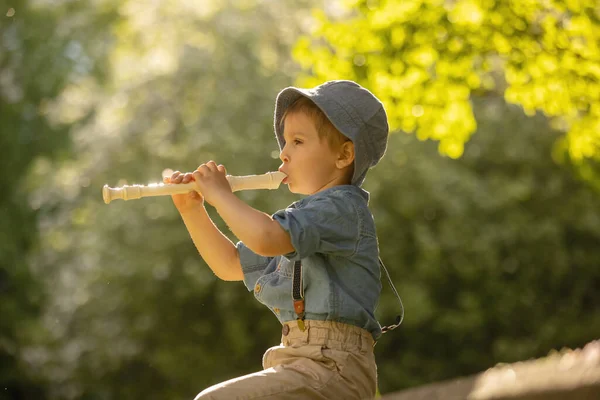 Stylishly Dressed Child Boy Pet Dog Playing Park Flute Enjoying — Foto Stock