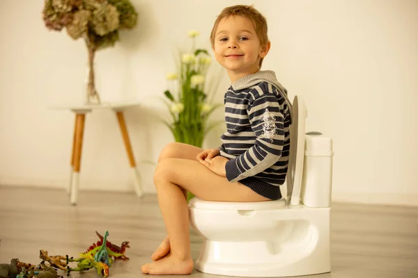 Cute Toddler Child Boy Using Potty Home While Playing Toys — ストック写真