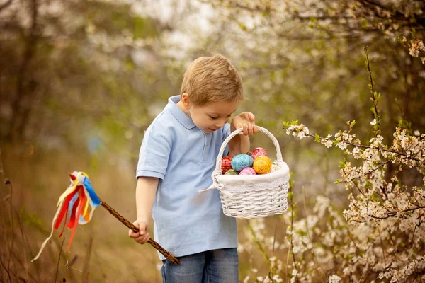 Cute Preschool Child Whipping His Sister Easter Twig Braided Whip — Stock Fotó