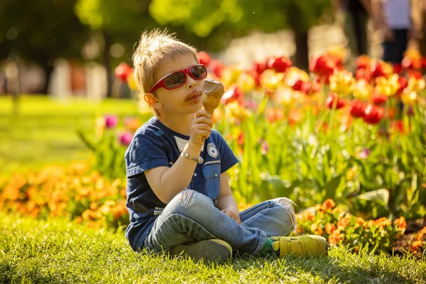 Tatlı Çocuk Parkta Dondurma Yiyor Etrafında Bahar Çiçekleri Bahçede Çeşme — Stok fotoğraf