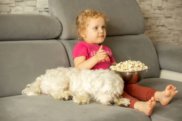 Χαριτωμένο Μικρό Ξανθό Κοριτσάκι Κάθεται Μπροστά Στην Τηλεόραση Ποπ Κορν — Φωτογραφία Αρχείου