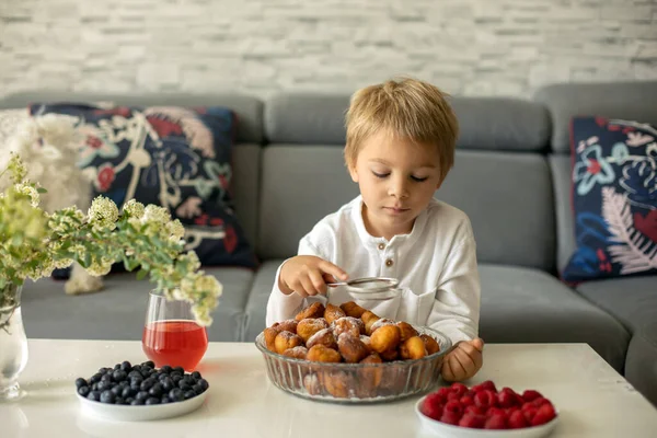 Cute Child Boy Pet Dog Eating Fried Doughnuts Home His — Stock Photo, Image