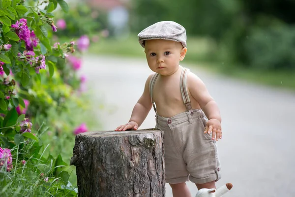 Cute Little Toddler Boy Child Playing Fluffy Toy Street Rainy — Stock Photo, Image