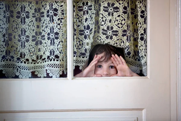 Little Preschool Boy Child Looking Out Scared Door Windows — Stock Photo, Image