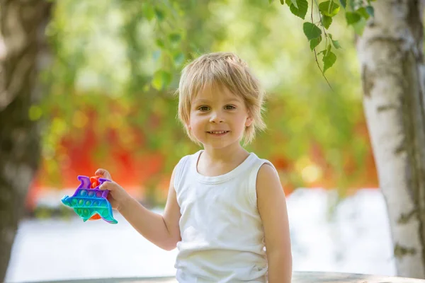 Kleines Kleinkind Blonder Junge Spielt Mit Pop Antistress Spielzeug Park — Stockfoto