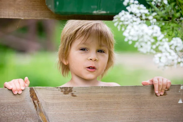 Roztomilé Malé Batole Chlapec Stojící Plotě Parku Bez Trička Dívající — Stock fotografie