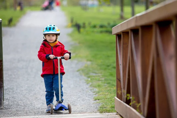 Kind Kleinkind Rollerfahrer Park Sonniger Frühlingstag — Stockfoto
