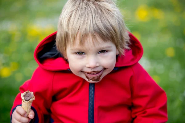 Schattig Blond Kind Jongen Ijs Eten Het Park Lente — Stockfoto