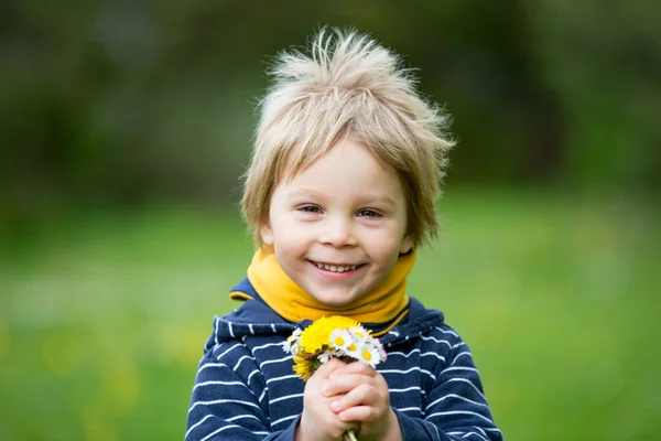 Schönes Kleines Blondes Kind Netter Junge Gras Liegend Gänseblümchen Und — Stockfoto