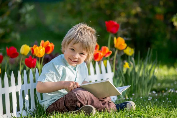 Güzel Sarışın Çocuk Tişörtlü Tatlı Çocuk Gün Batımında Bahçede Kitap — Stok fotoğraf