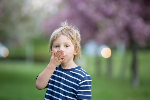 Παιδί Νήπιο Αγόρι Τρώει Σοκολάτα Στο Πάρκο — Φωτογραφία Αρχείου