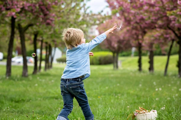 Sarışın Bir Çocuk Günlük Kıyafetler Içinde Sevimli Bir Çocuk Parkta — Stok fotoğraf