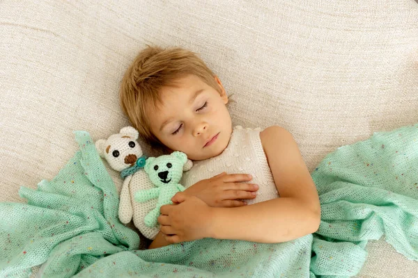 Criança Pequena Garoto Bonito Com Tricô Pequeno Brinquedo Animal Bonito — Fotografia de Stock