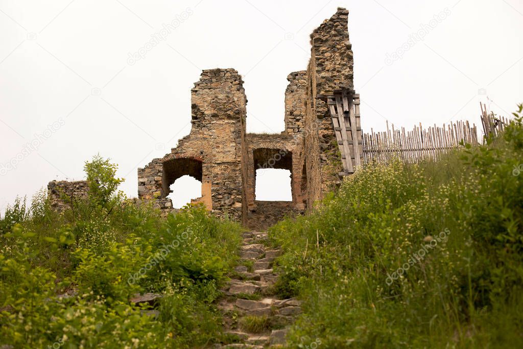 Ruins Divci Kamen, Maiden Stone Castle in Czech Republic, near Ceske Budejovice summertime