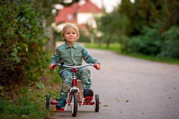 Enfant Tout Petit Garçon Blond Tricycle Cheval Dans Village Petite — Photo