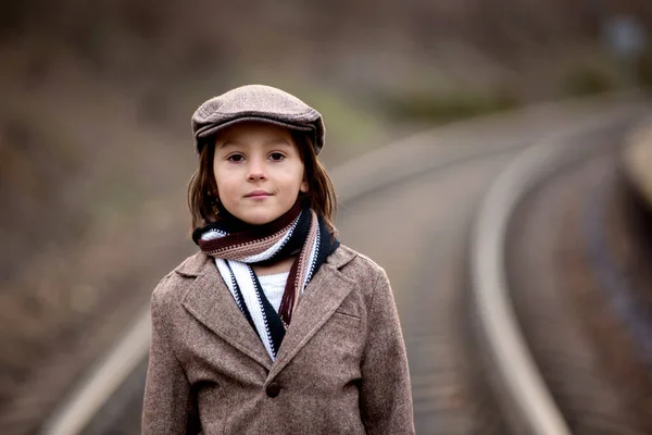 Adorable Boy Railway Station Waiting Train Running Playing — Stock Photo, Image