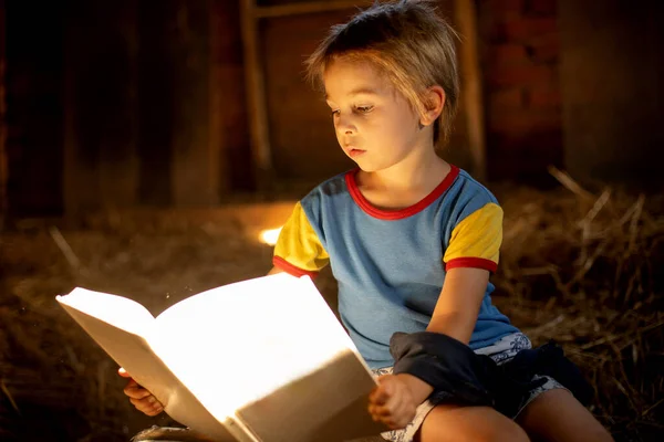 Erstaunliches Kleines Blondes Kind Junge Liest Ein Buch Einem Mystischen — Stockfoto