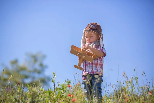 美しい幼児の男の子 ケシ畑で飛行機で遊ぶ子供 晴れた夏の午後 — ストック写真