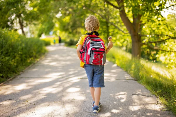 Criança Adorável Roupas Coloridas Mochila Caminhando Comendo Sorvete Uma Tarde — Fotografia de Stock