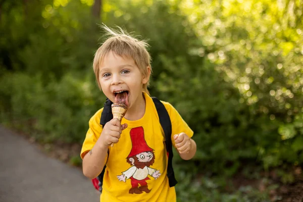 Criança Adorável Roupas Coloridas Mochila Caminhando Comendo Sorvete Uma Tarde — Fotografia de Stock