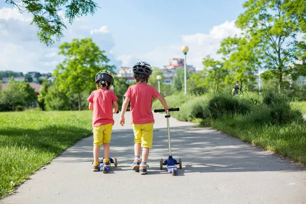 Kis Gyermekek Testvérek Fiú Lovaglás Robogók Nyári Parkban Kids Sport — Stock Fotó