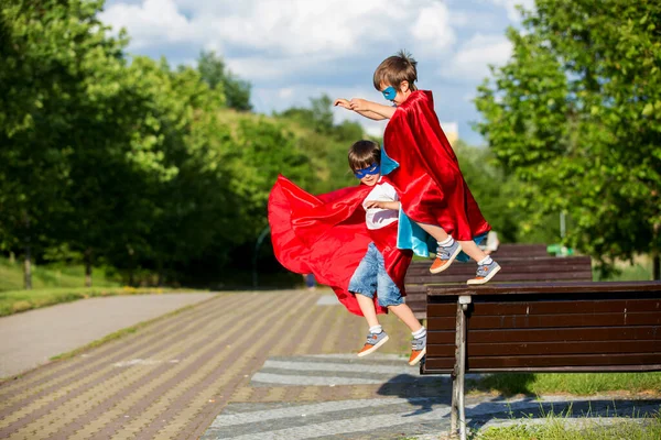 Sweet Little Preschool Boy Playing Superhero Park Summertime — Stock Photo, Image