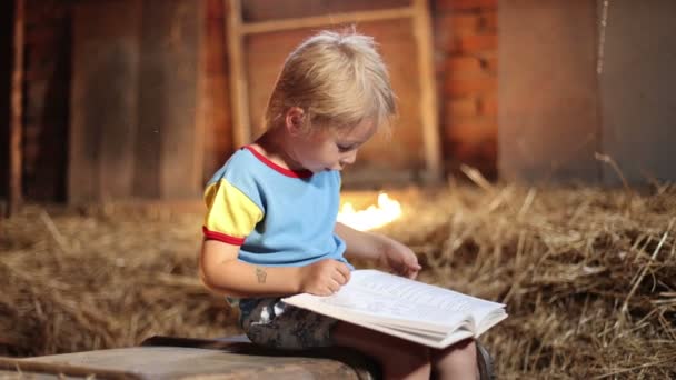 Niesamowite Małe Blond Dziecko Chłopiec Czytając Książkę Mistycznym Przytulnym Pokoju — Wideo stockowe