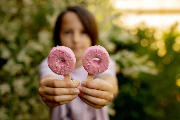 Cute Child Boy Eating Doughnut Ice Cream Backyard His Home — Stock Fotó