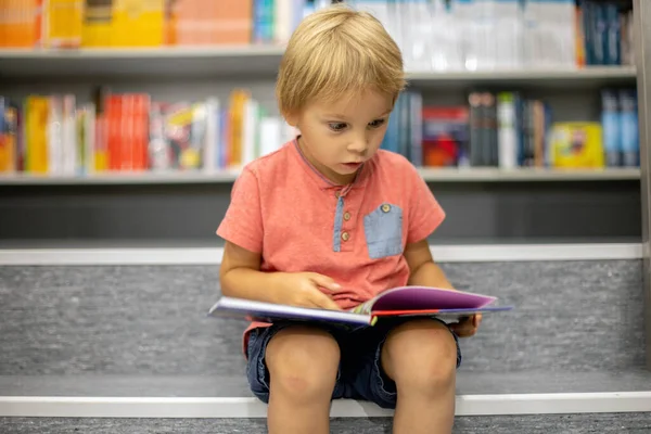 Cute Preschool Child Sitting Bookstore Looking Books Summer Day — Stok fotoğraf