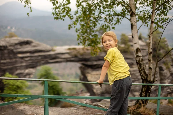 Child Boy Visiting Pravcicka Brana Hrensko Czech Republic Rainy Summer — 스톡 사진