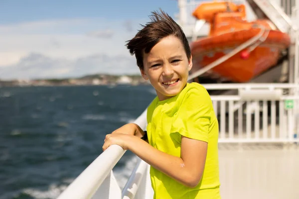 Children Experience Ride Ferry Fjord Strong Wind Deck Ferry Sunny — Stock Photo, Image
