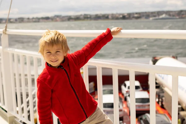 Children Experience Ride Ferry Fjord Strong Wind Deck Ferry Sunny — Foto Stock